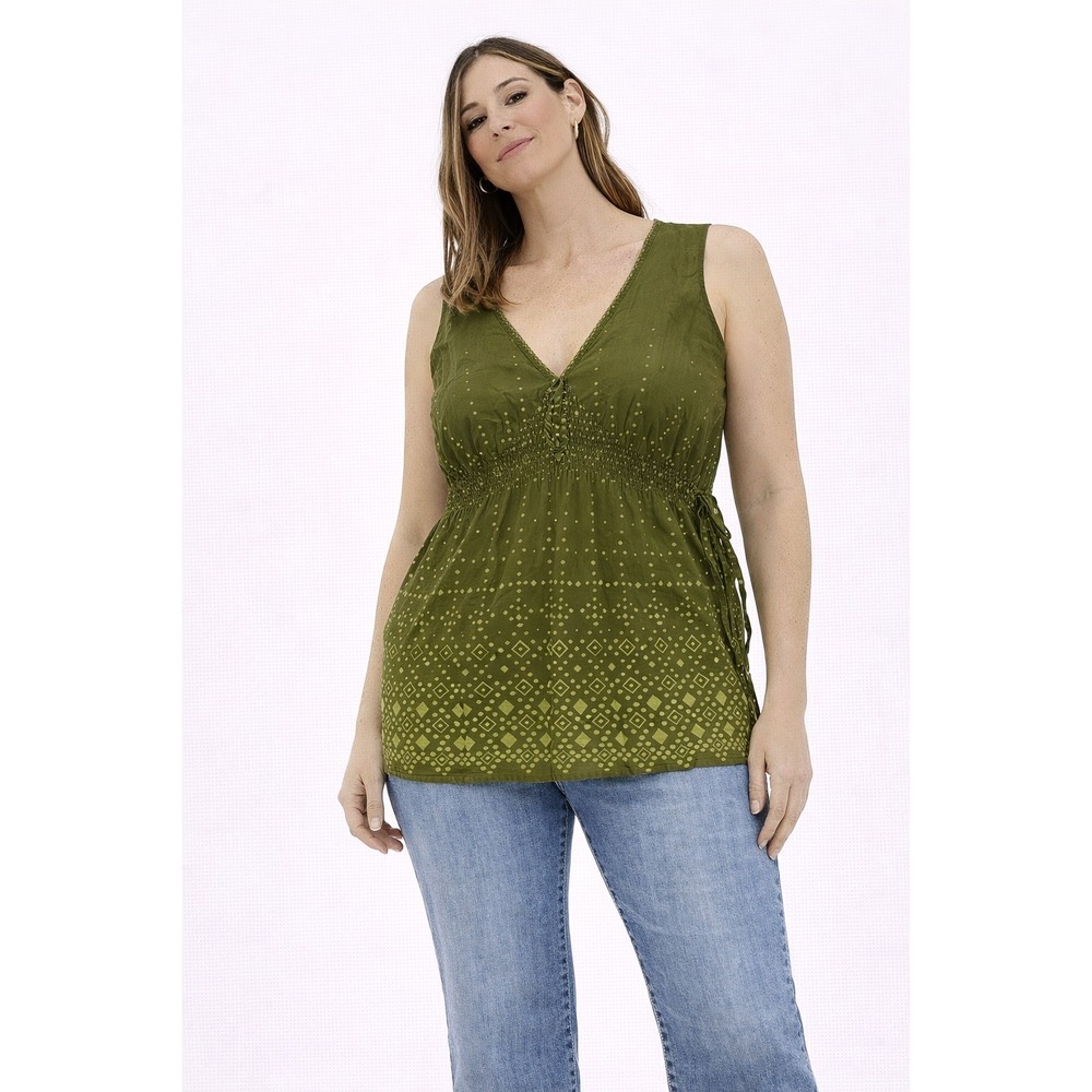 Hillard & Hanson Tank Top Women XL Green Geometric Smocked Empire Waist Boho